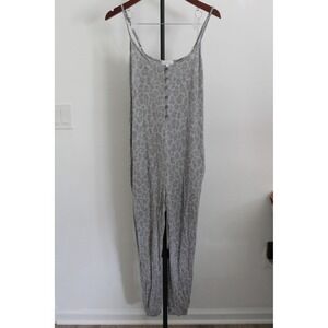 Colsie Women's Grey Leopard Print Pajama Jumpsuit Sleep Romper Henley Medium